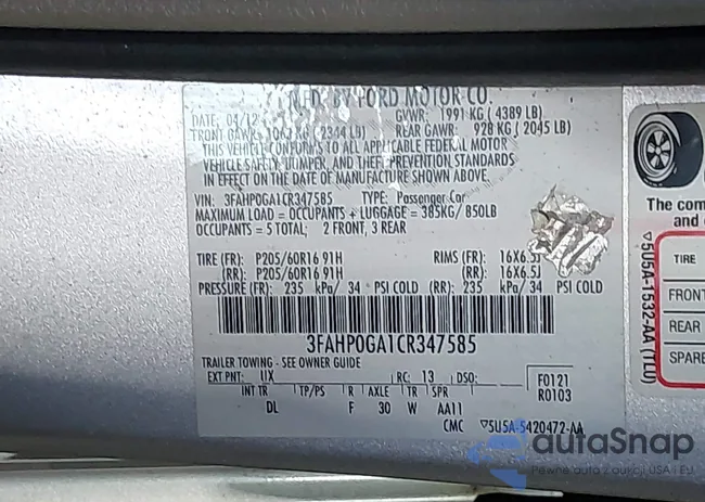 3FAHP0GA1CR347585: 42612346