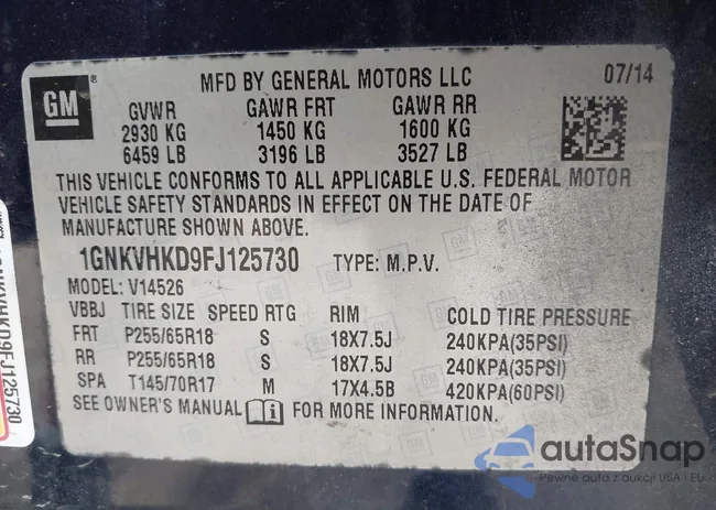 1GNKVHKD9FJ125730: 42613210