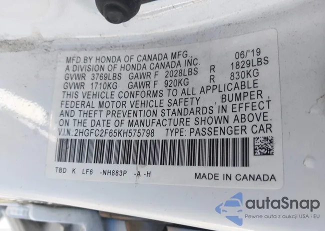 2HGFC2F65KH575798: 42617522