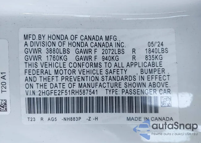 2HGFE2F51RH587541: 42617219