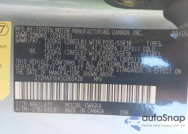 2T2HA31U45C065428: 42620598