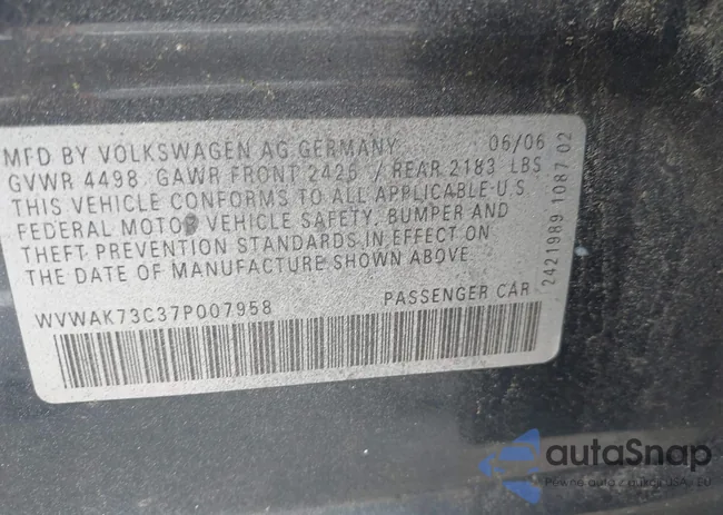 WVWAK73C37P007958: 42622700