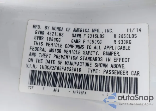 1HGCR2F86FA058016: 42625159