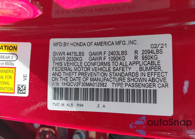 1HGCV2F30MA012582: 42625163