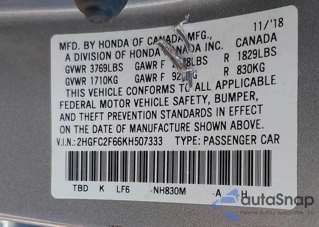 2HGFC2F66KH507333: 42628940