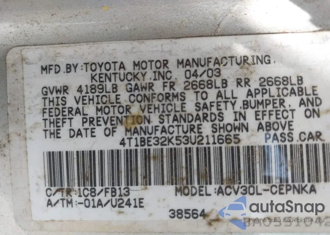 4T1BE32K53U211665: 42633135