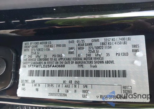 1FTFW7LD2SFA43688: 42637455