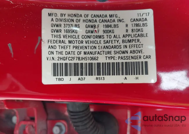 2HGFC2F78JH510662: 42641147