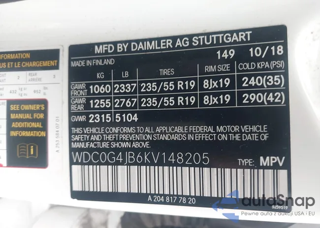 WDC0G4JB6KV148205: 42643801