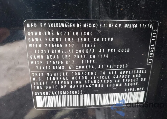 3VV0B7AX1KM040653: 42645644