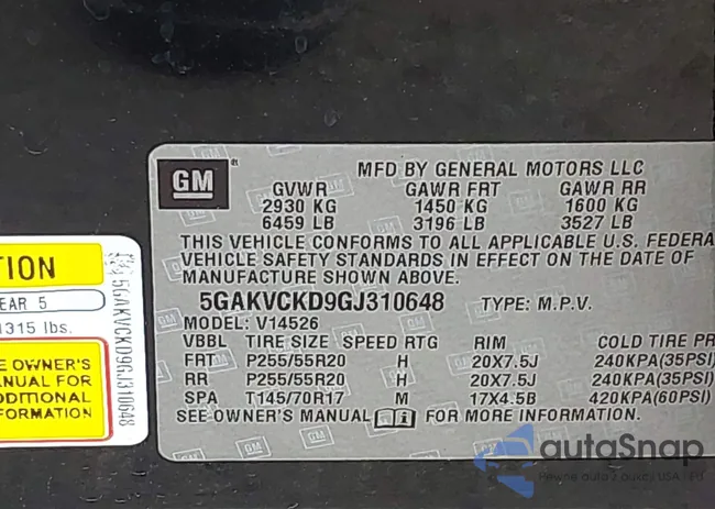 5GAKVCKD9GJ310648: 42646425