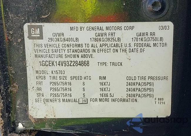 1GCEK14V93Z284868: 42646438