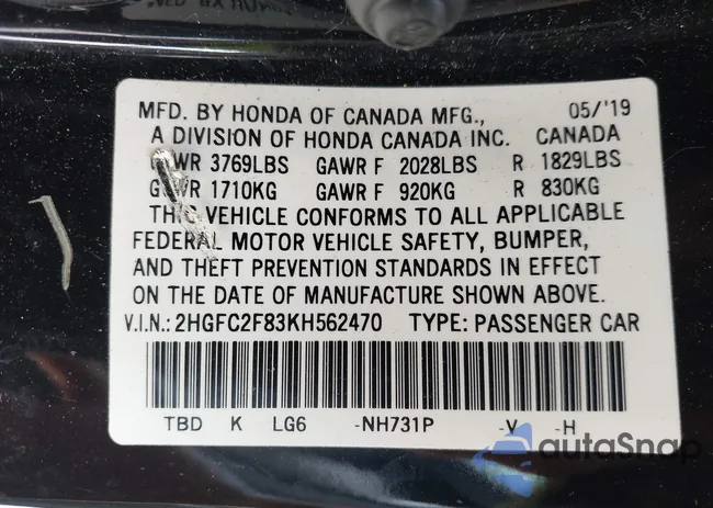 2HGFC2F83KH562470: 42646868