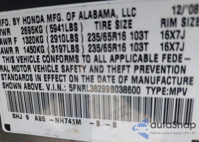 5FNRL38289B038600: 42650195