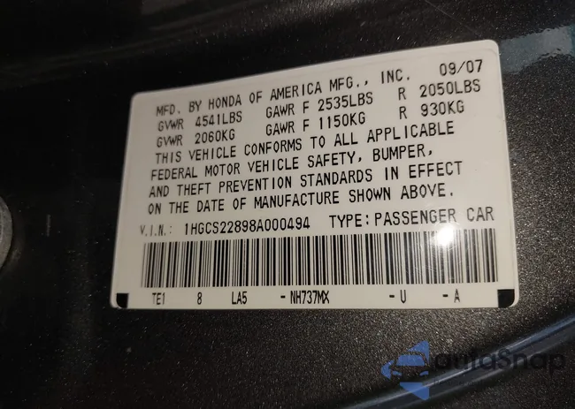 1HGCS22898A000494: 42656349