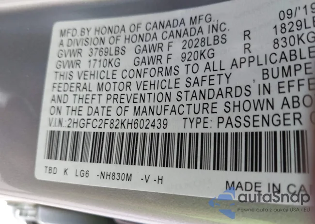 2HGFC2F82KH602439: 42656904