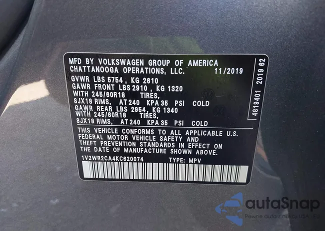 1V2WR2CA4KC620074: 42657399