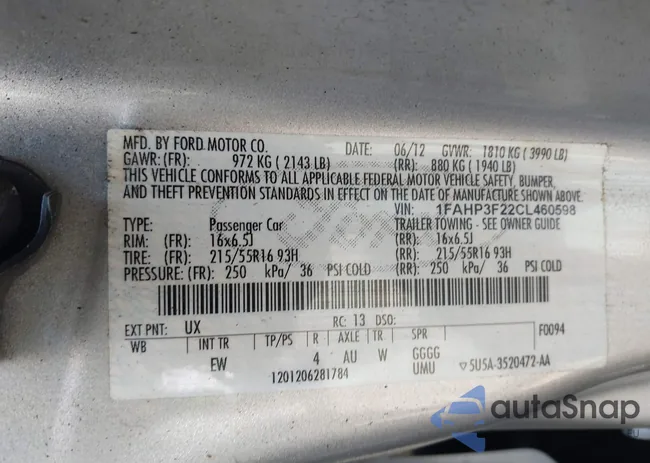 1FAHP3F22CL460598: 42657577