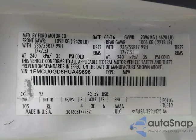 1FMCU0GD6HUA49696: 42657652