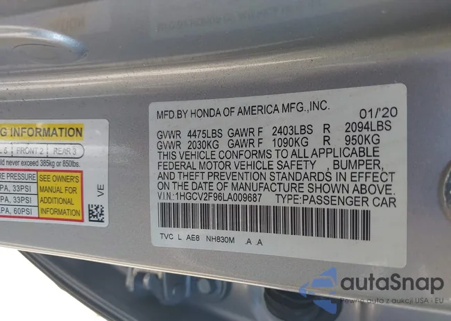 1HGCV2F96LA009687: 42657063