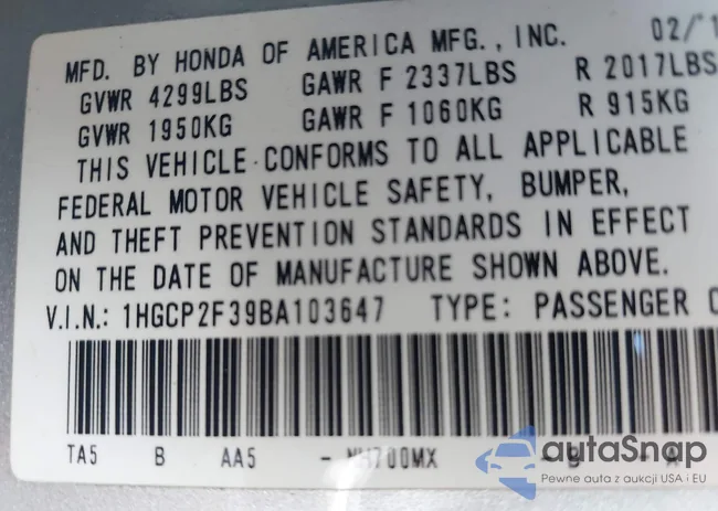 1HGCP2F39BA103647: 42657216