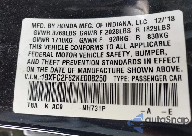 19XFC2F62KE008250: 42659650