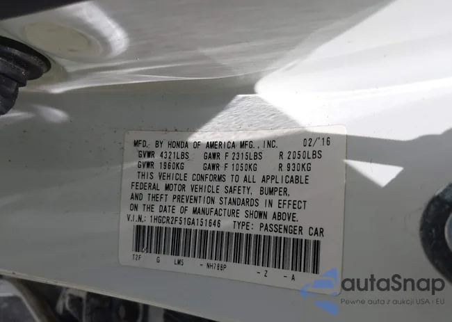 1HGCR2F51GA151646: 42662996