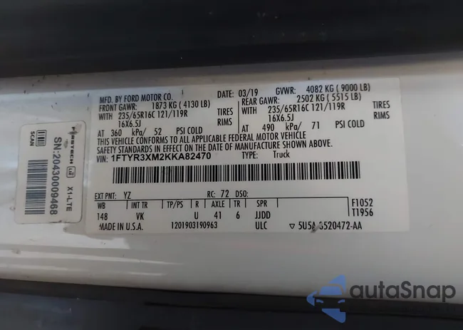 1FTYR3XM2KKA82470: 42665784