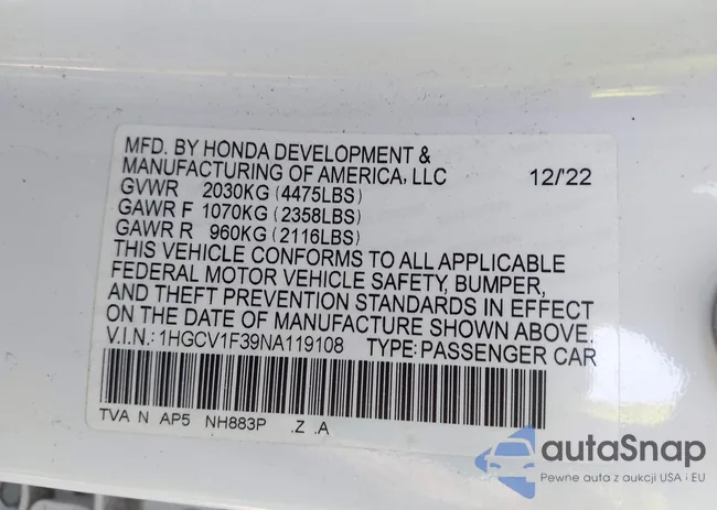 1HGCV1F39NA119108: 42667130