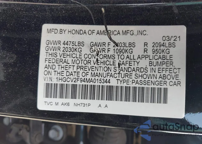 1HGCV2F94MA015344: 42667990