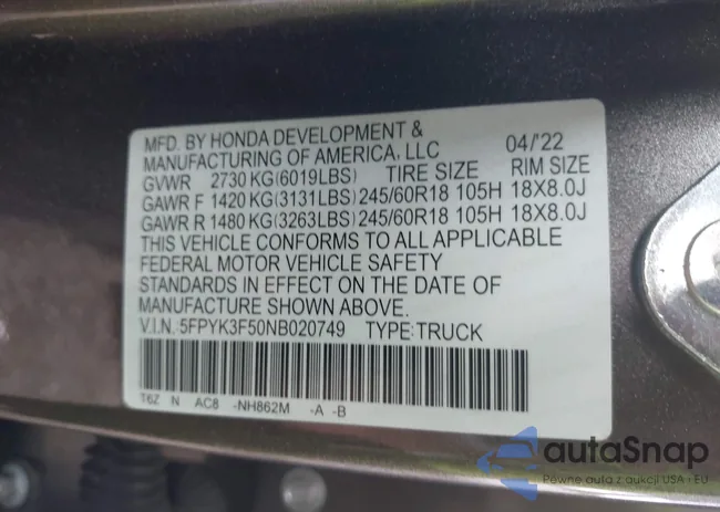 5FPYK3F50NB020749: 42668925