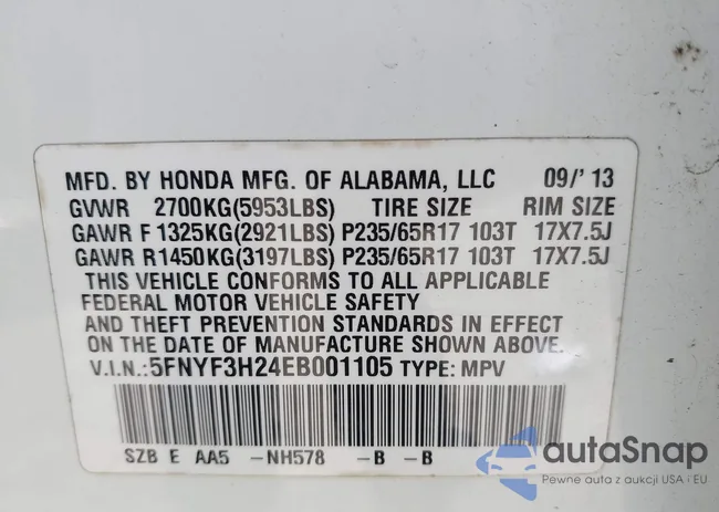 5FNYF3H24EB001105: 42671535