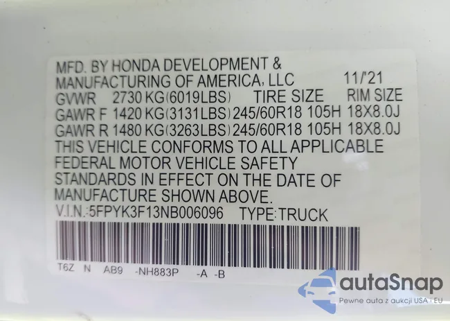 5FPYK3F13NB006096: 42672180