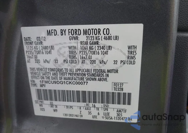 1FMCU9DG1CKC00077: 42675095