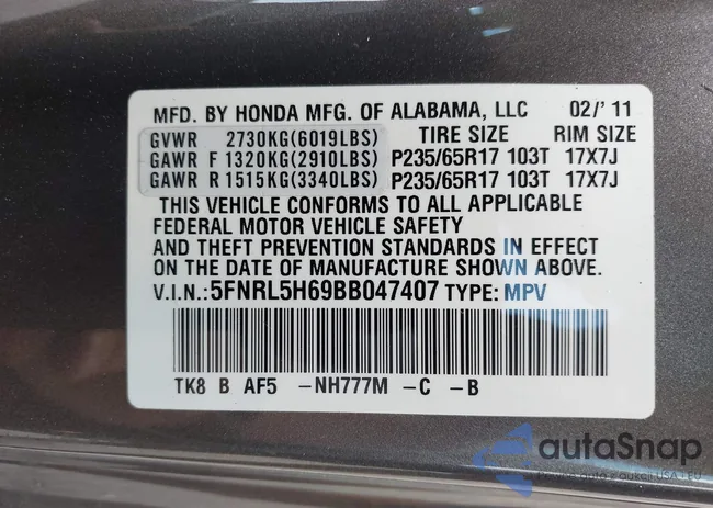 5FNRL5H69BB047407: 42676347