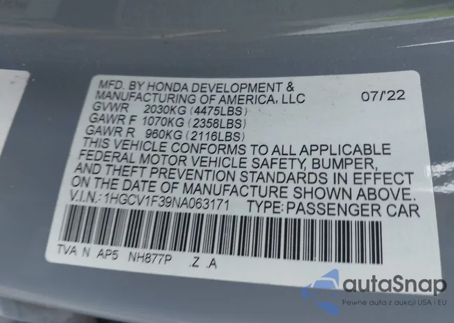 1HGCV1F39NA063171: 42678681