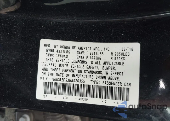 1HGCR2F5XHA026355: 42685278