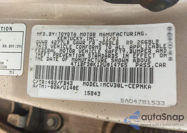 4T1BF30K12U014765: 42690418