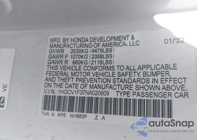 1HGCV1F37NA020609: 42693307