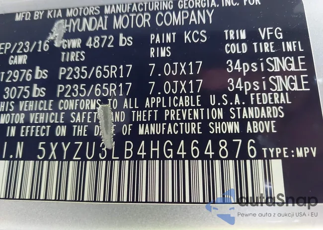 5XYZU3LB4HG464876: 42693100