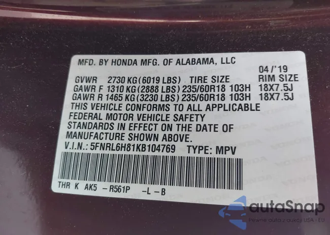 5FNRL6H81KB104769: 42694506