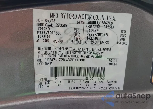 1FMZU72K43ZB41300: 42695854