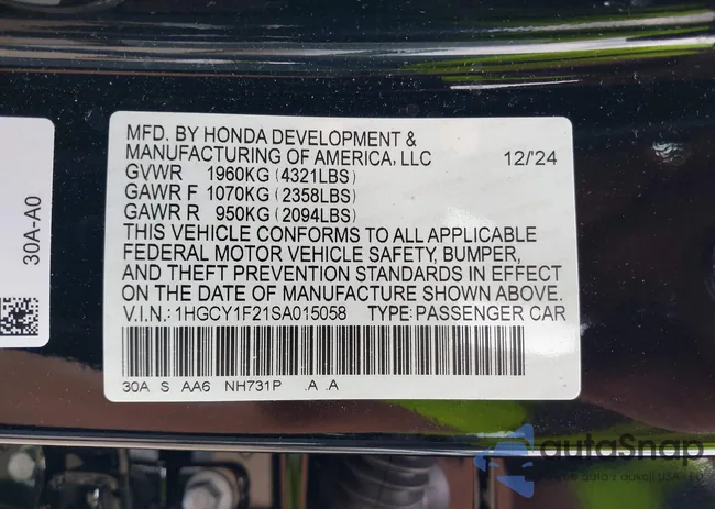 1HGCY1F21SA015058: 42698131