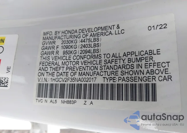 1HGCV2F35NA002017: 42700498