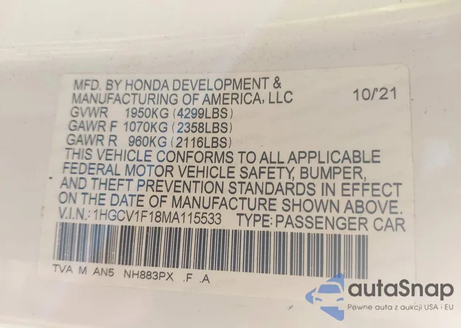 1HGCV1F18MA115533: 42700675