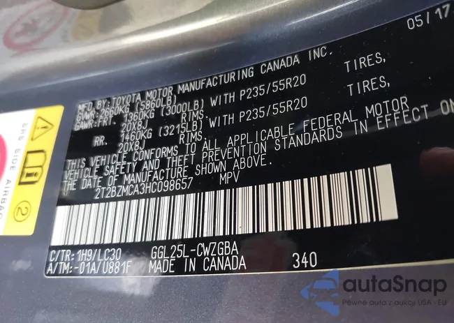 2T2BZMCA3HC098657: 42702255