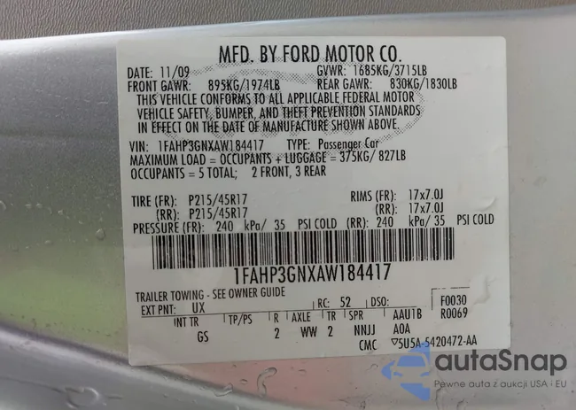 1FAHP3GNXAW184417: 42702491