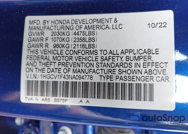 1HGCV1F43NA094778: 42705335