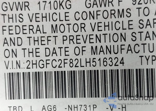 2HGFC2F82LH516324: 42707270