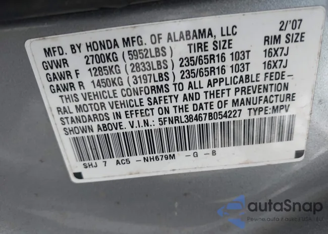 5FNRL38467B054227: 42711782